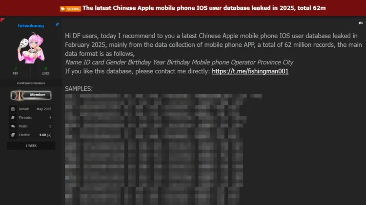 Alleged Leak of 62 Million Chinese Apple iOS User Records Surfaces