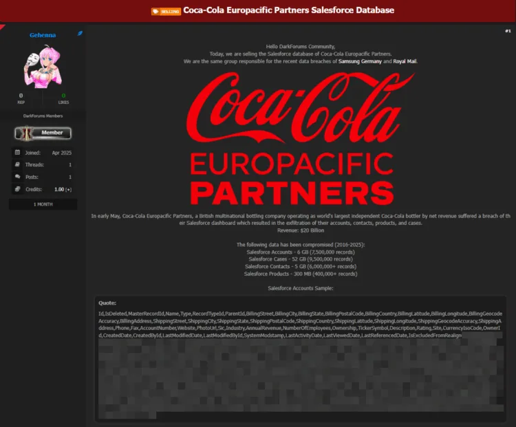 Coca-Cola Europacific Partners Allegedly Suffers Major Salesforce Data Breach