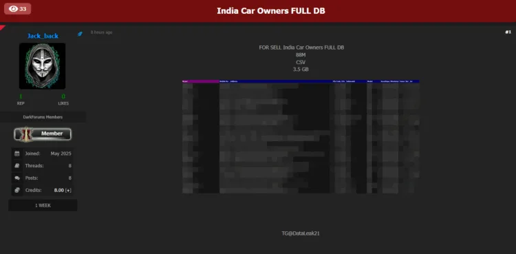 Alleged Breach Exposes Data of 88 Million Indian Car Owners