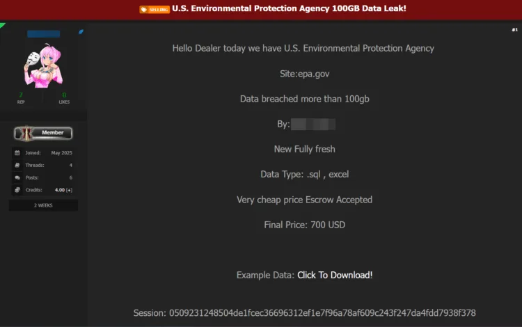 US Environmental Protection Agency Allegedly Breached, Over 100GB of Data Offered for Sale