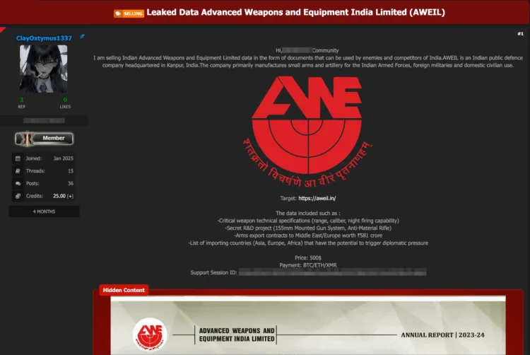 Indian Defense Manufacturer AWEIL Allegedly Breached, Sensitive Military Data for Sale