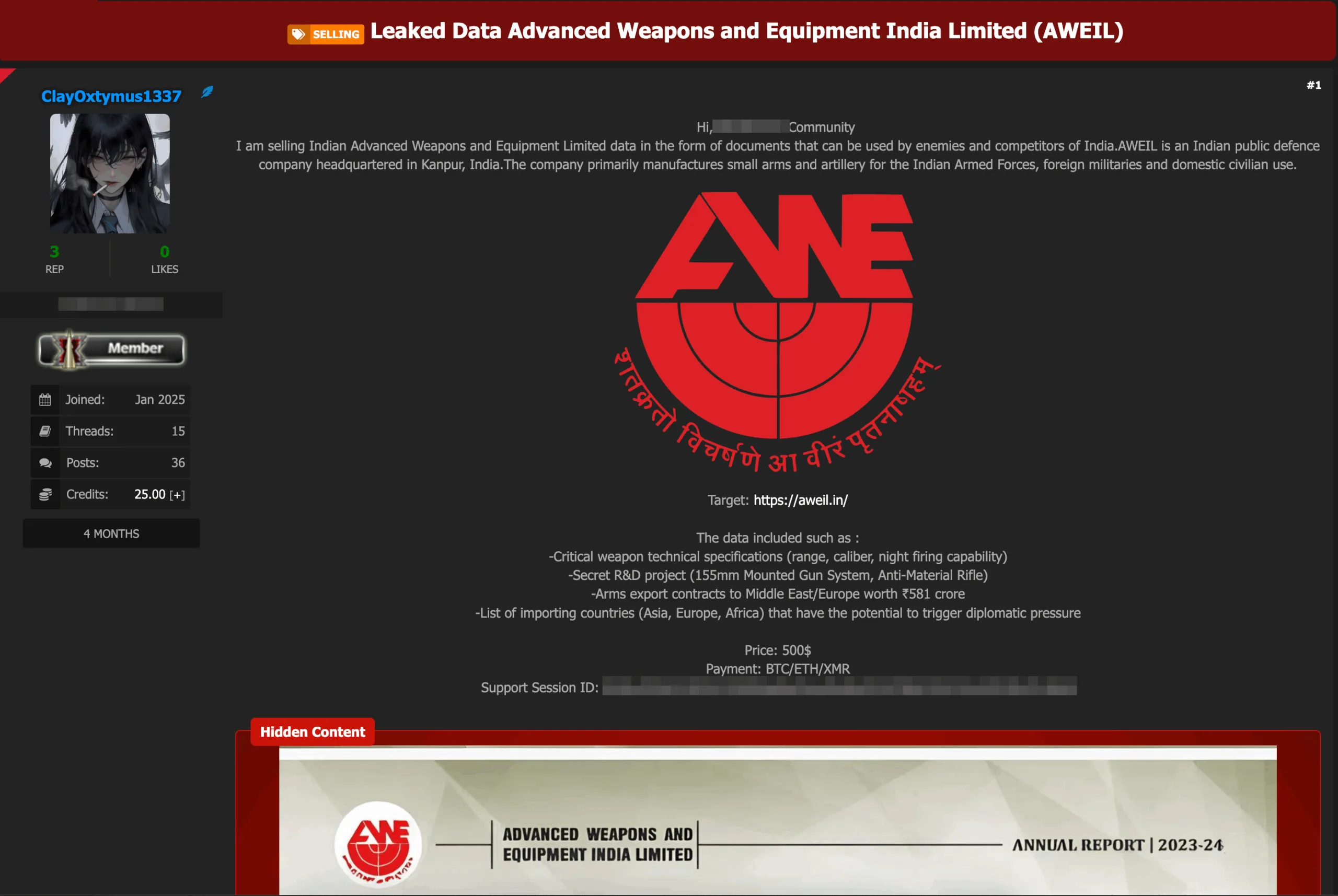 Indian Defense Manufacturer AWEIL Allegedly Breached, Sensitive Military Data for Sale Indian Defense Manufacturer AWEIL Allegedly Breached, Sensitive Military Data for Sale