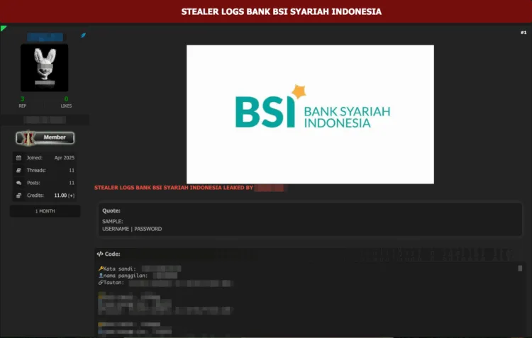 Bank Syariah Indonesia Customer Credentials Allegedly Leaked via Stealer Logs