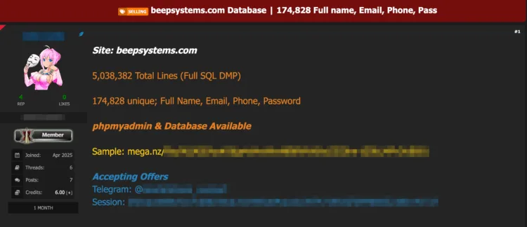 IT Solutions Provider Beep Systems Allegedly Breached, Over 174,000 User Records for Sale