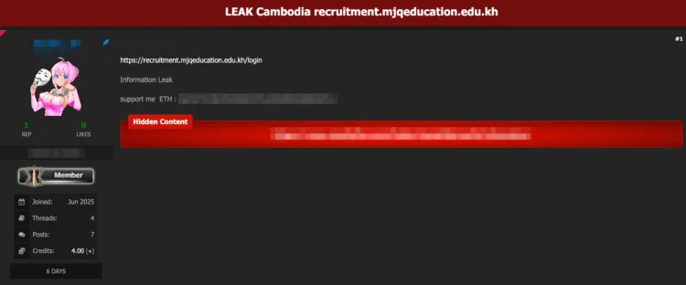 Cambodian Education Giant MJQ Education Allegedly Breached, Applicant Data Leaked