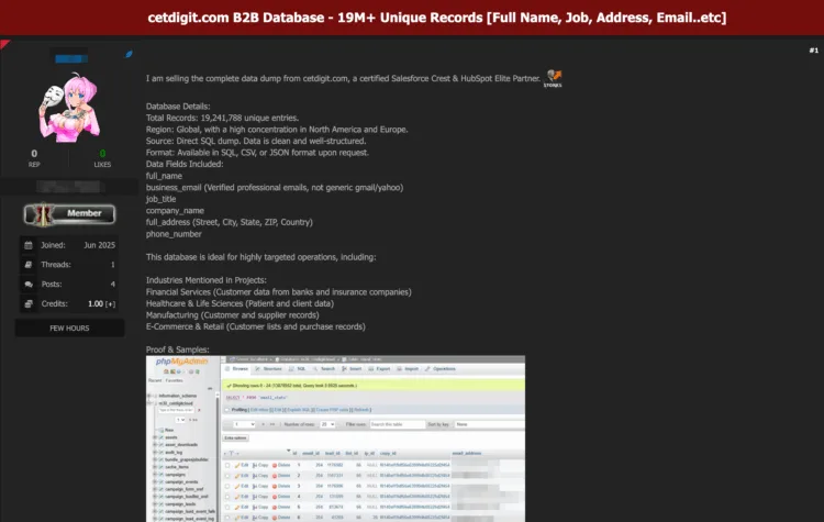 Major Data Breach Allegedly Hits Cetdigit, Exposing 19 Million B2B Records