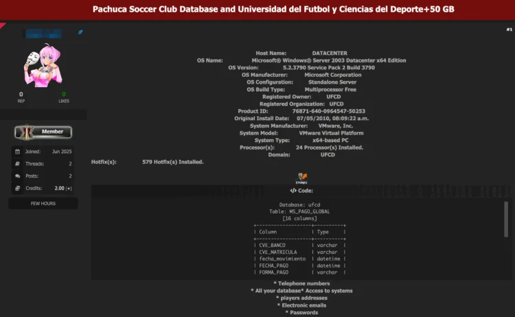 Mexican Football Club Pachuca and Affiliated University Allegedly Hit by Massive 50 GB Data Breach