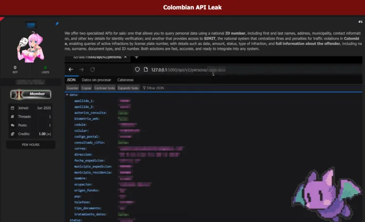 Colombia National ID and SIMIT Traffic Data Allegedly For Sale Via APIs