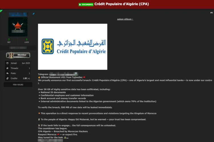 Crédit Populaire d’Algérie (CPA) Allegedly Targeted by Moroccan Hackers