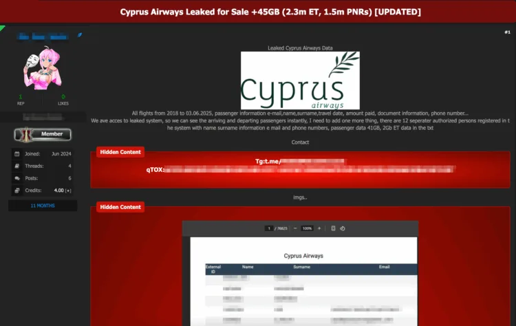 Cyprus Airways Allegedly Breached, Massive Cache of Passenger and Flight Data Reportedly Up For Sale