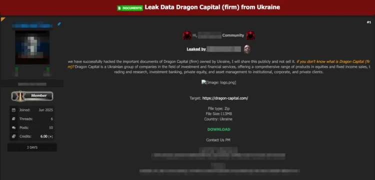 Major Ukrainian Investment Firm Dragon Capital Allegedly Breached