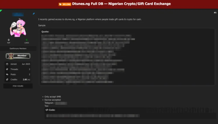 Nigerian Crypto Exchange Dtunes.ng Allegedly Breached – User Database For Sale