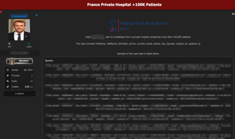 French Hospital Hôpital Privé de la Miotte Allegedly Breached, Data of Over 100K Patients for Sale