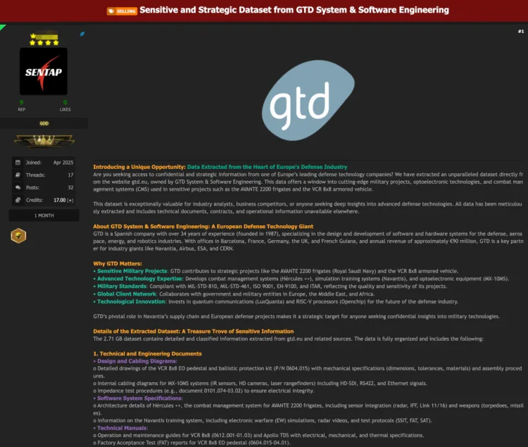 Sensitive Military and Commercial Data from Spanish Defense Contractor GTD Allegedly Leaked