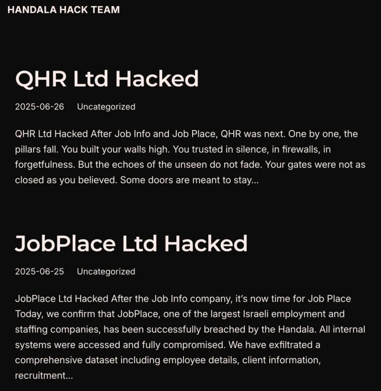 Major Israeli Staffing Firms JobPlace and QHR Allegedly Breached by Handala Group