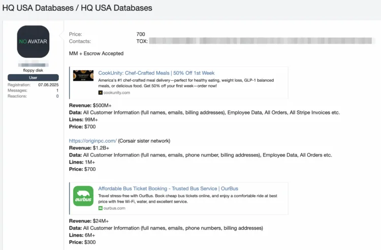 CookUnity, Origin PC, and OurBus Databases Allegedly for Sale on Hacker Forum