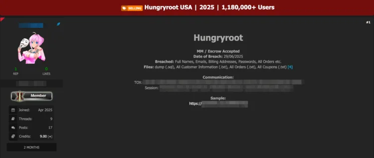 Hungryroot Allegedly Breached – Over 1.1 Million User Data for Sale