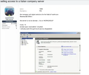 Server Access for Italian Healthcare Solutions Provider Allegedly for Sale Online