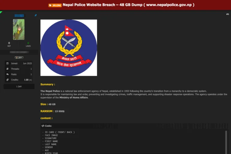 Nepal Police Allegedly Breached, Sensitive Data Appears for Sale Online