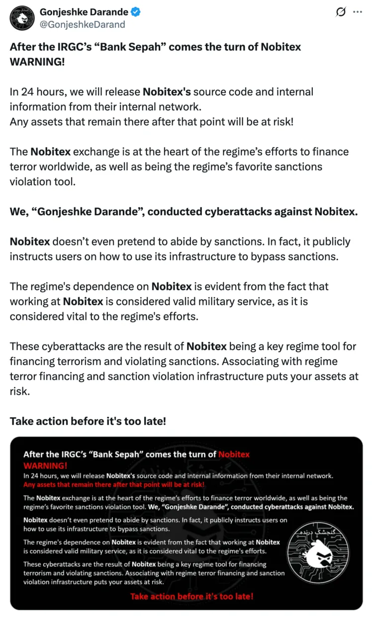 Iran’s Largest Crypto Exchange Nobitex Allegedly Breached by Hacktivist Group