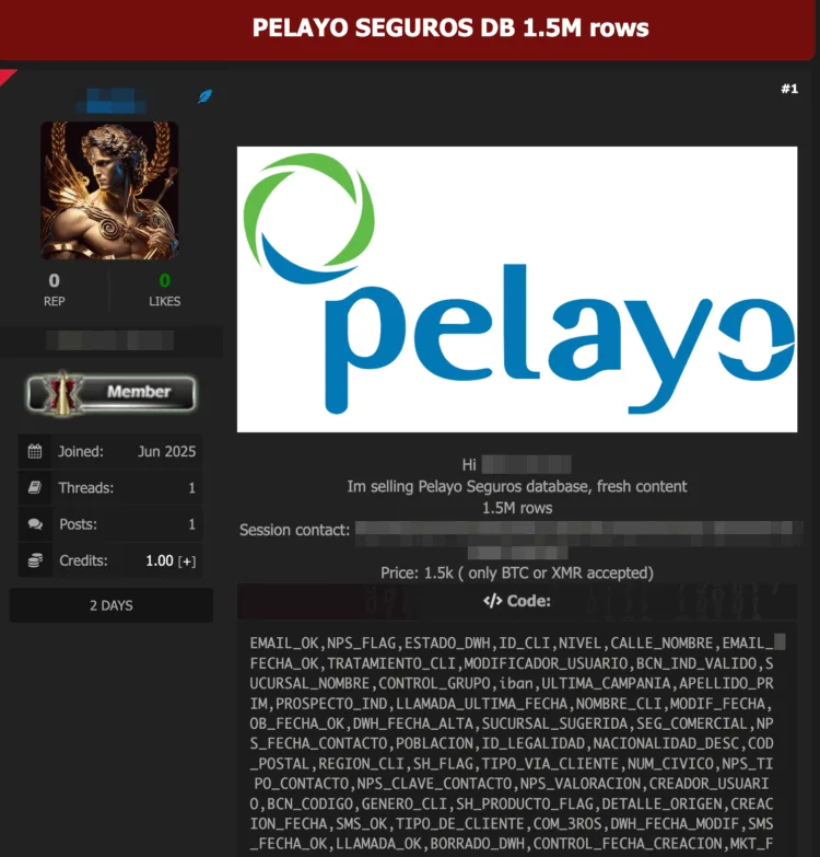 Spanish Insurer Pelayo Seguros Allegedly Breached – Database of 1.5 Million Users For Sale