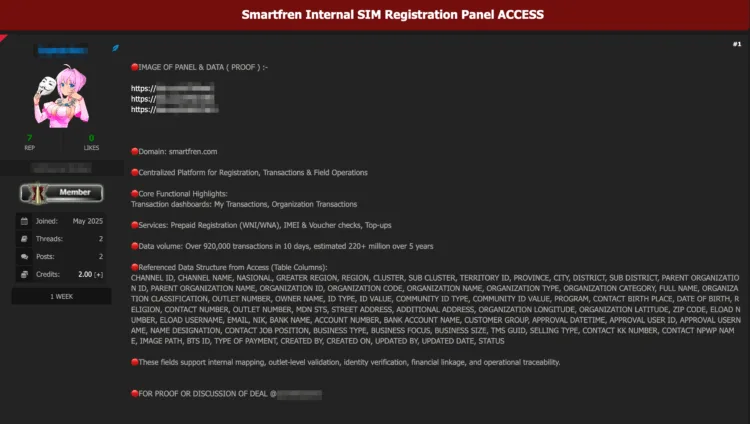 Smartfren Allegedly Breached: Internal SIM Registration Panel Access for Sale