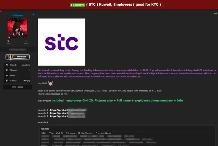 STC Kuwait Allegedly Breached, Sensitive Employee Data For Sale Online