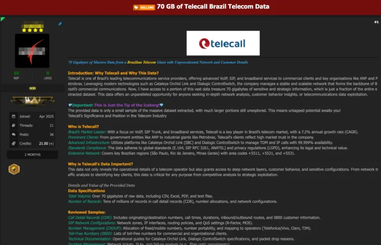 Brazilian Telecom Giant Telecall Allegedly Breached 70GB of Data for Sale