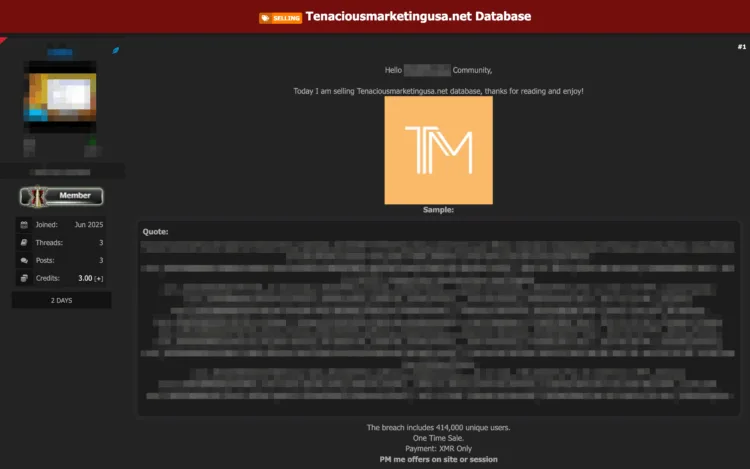 Marketing Firm Tenacious Marketing USA Allegedly Breached – 414,000 Records for Sale