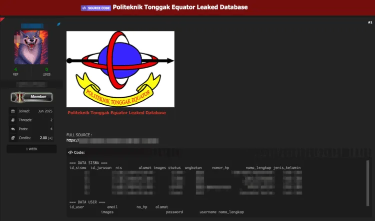 Indonesian Polytechnic Politeknik Tonggak Equator Allegedly Breached