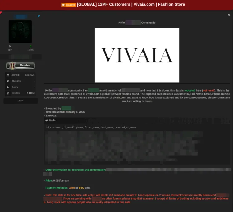 Alleged Sale of Vivaia Customer Data from January 2025 Breach Impacts 12 Million
