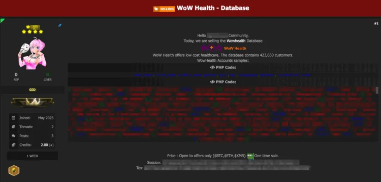WoW Health Allegedly Breached, Customer Database Reportedly for Sale Online