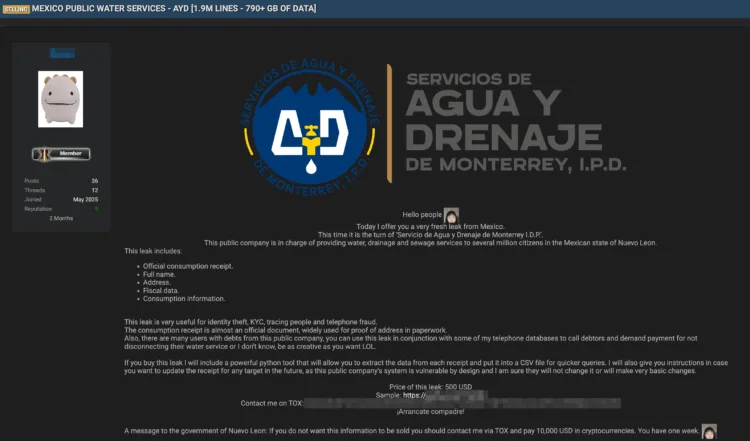 Mexican Public Water Utility Allegedly Breached – Data of Millions Offered for Sale