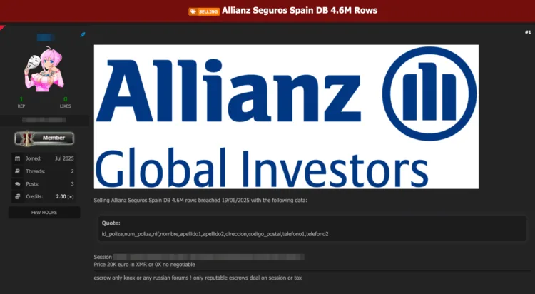 Allianz Seguros Spain Allegedly Breached – Database of 4.6 Million Offered for Sale
