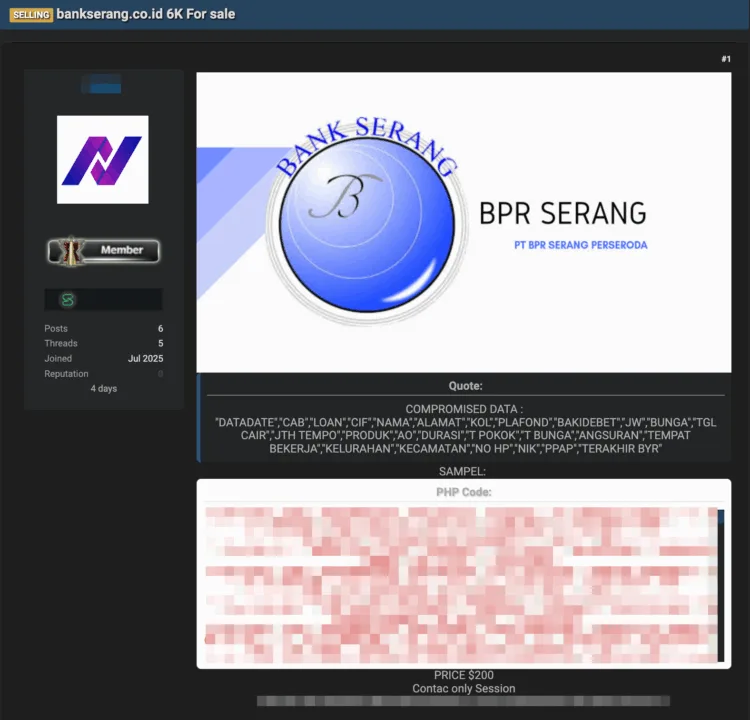 Indonesian Regional Bank PT BPR Serang Allegedly Breached – Customer Loan Data For Sale