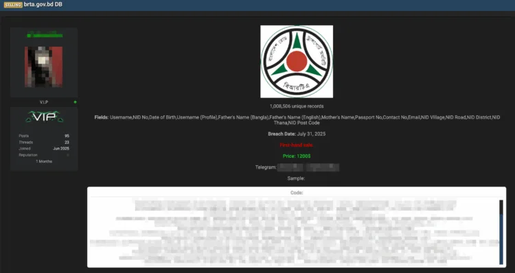 Bangladesh Road Transport Authority Data Allegedly Breached – Over 1 Million Records for Sale