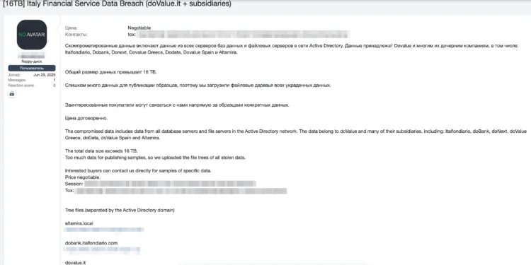 Major Italian Financial Services Firm doValue Allegedly Breached – 16TB of Data Advertised