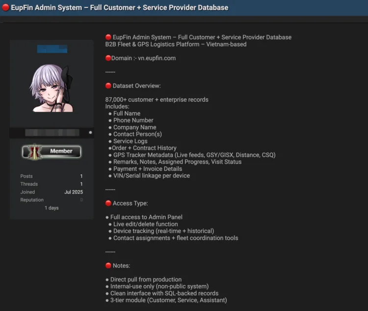 Vietnamese Logistics Firm EupFin Allegedly Breached – Full Admin Access and Customer Database for Sale