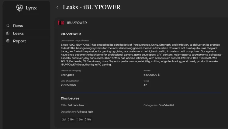 Major Gaming PC Builder iBUYPOWER Allegedly Hit by Lynx Ransomware