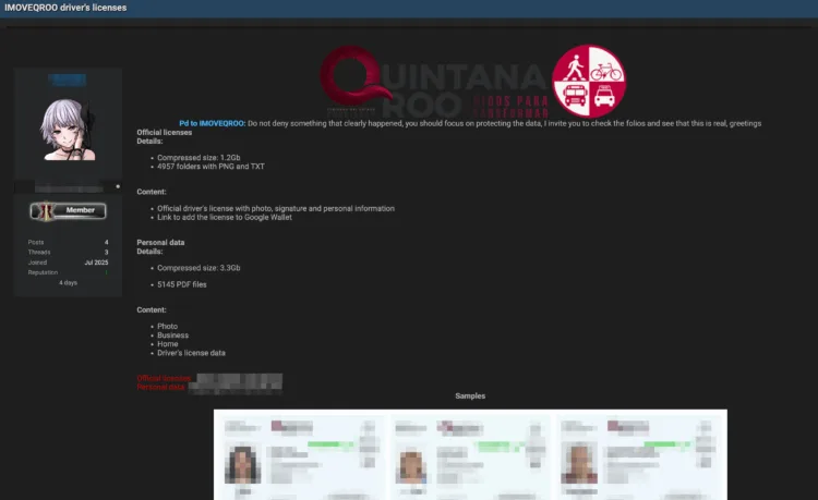 Quintana Roo Mobility Institute (IMOVEQROO) Allegedly Breached – Driver’s Licenses Leaked