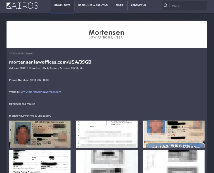 Mortensen Law Offices Allegedly Breached By Kairos Ransomware Group
