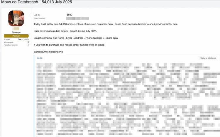 Mous Customer Data Allegedly Leaked – 54,000 Records Up for Sale on Dark Web