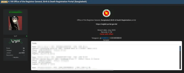 Bangladesh Government Portal Suffers Major Data Breach – 4.1 Million Citizens Records Allegedly for Sale