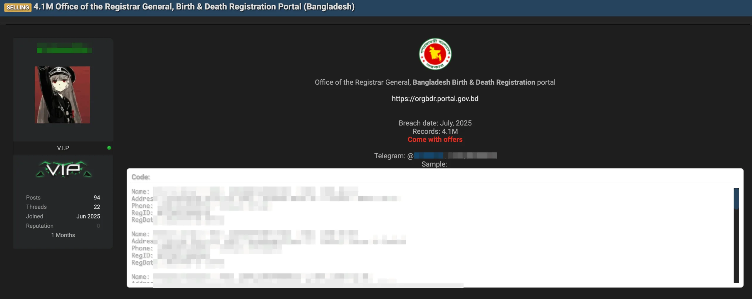 Bangladesh Government Portal Suffers Major Data Breach – 4.1 Million Citizens Records Allegedly for Sale Bangladesh Government Portal Suffers Major Data Breach – 4.1 Million Citizens Records Allegedly for Sale