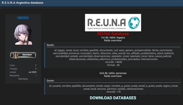 Sensitive Government Database of Argentine Children and Adolescents (R.E.U.N.A) Allegedly Leaked Online