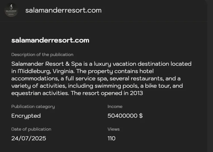 Luxury Virginia Resort “Salamander Resort & Spa” Allegedly Hit by Lynx Ransomware