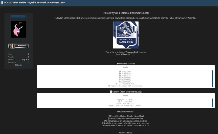 Argentina Santa Cruz Provincial Police Data Allegedly Leaked on Dark Web