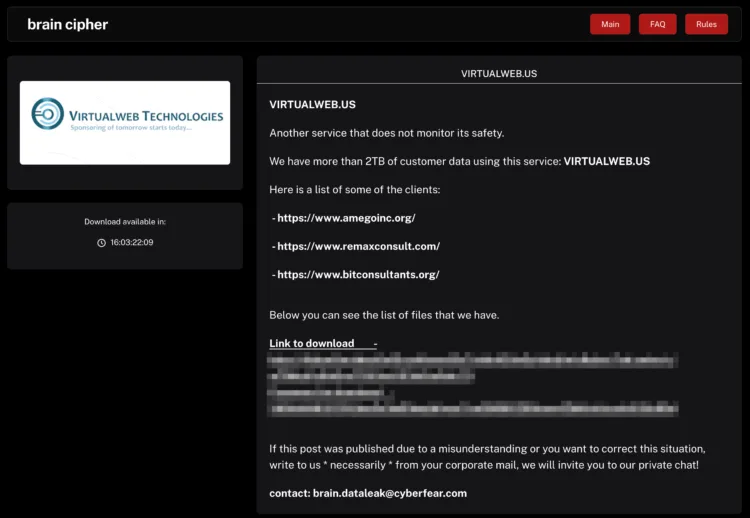 Virtualweb Technologies Reportedly Breached by Brain Cipher Ransomware