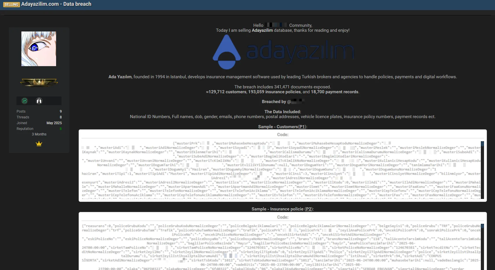 Turkish Insurance Software Giant Ada Yazılım Suffers Major Data Breach