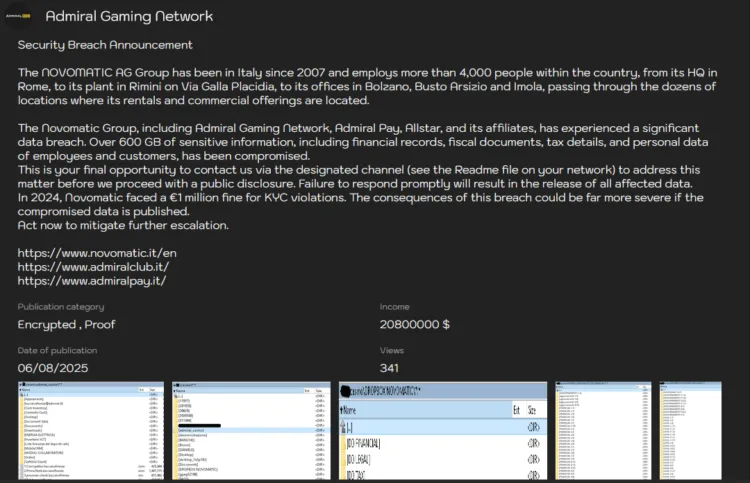 Italian Gaming Giant Admiral Gaming Network Allegedly Hit by Lynx Ransomware
